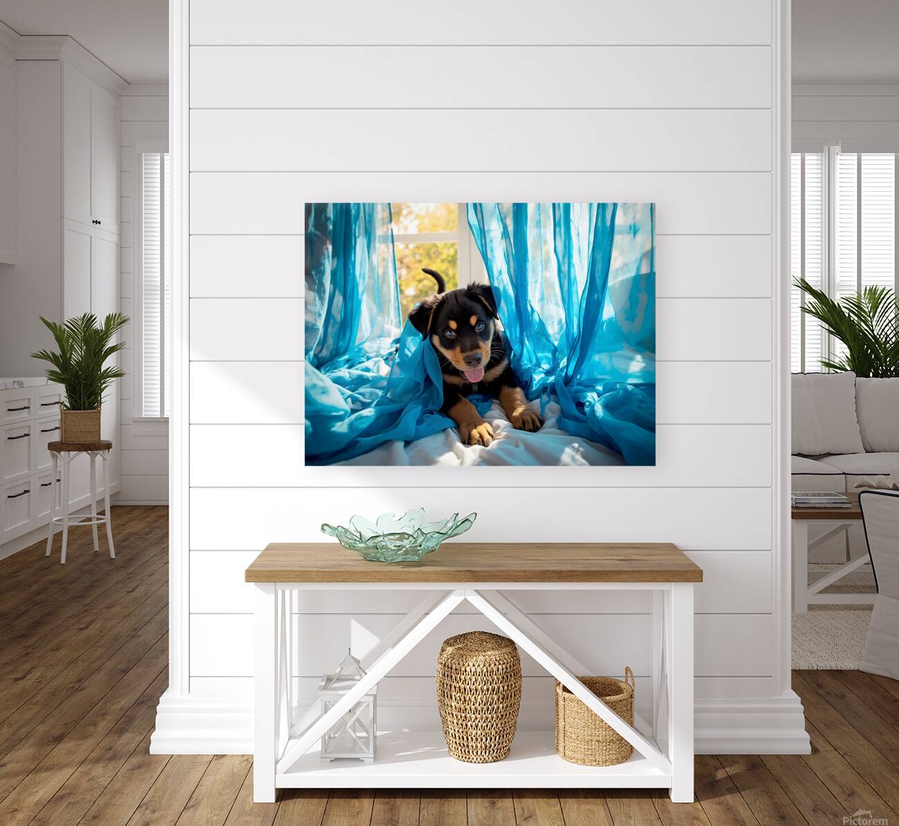 Brave Rottweiler Puppy Sits Confidently By Green Curtains Reproduction