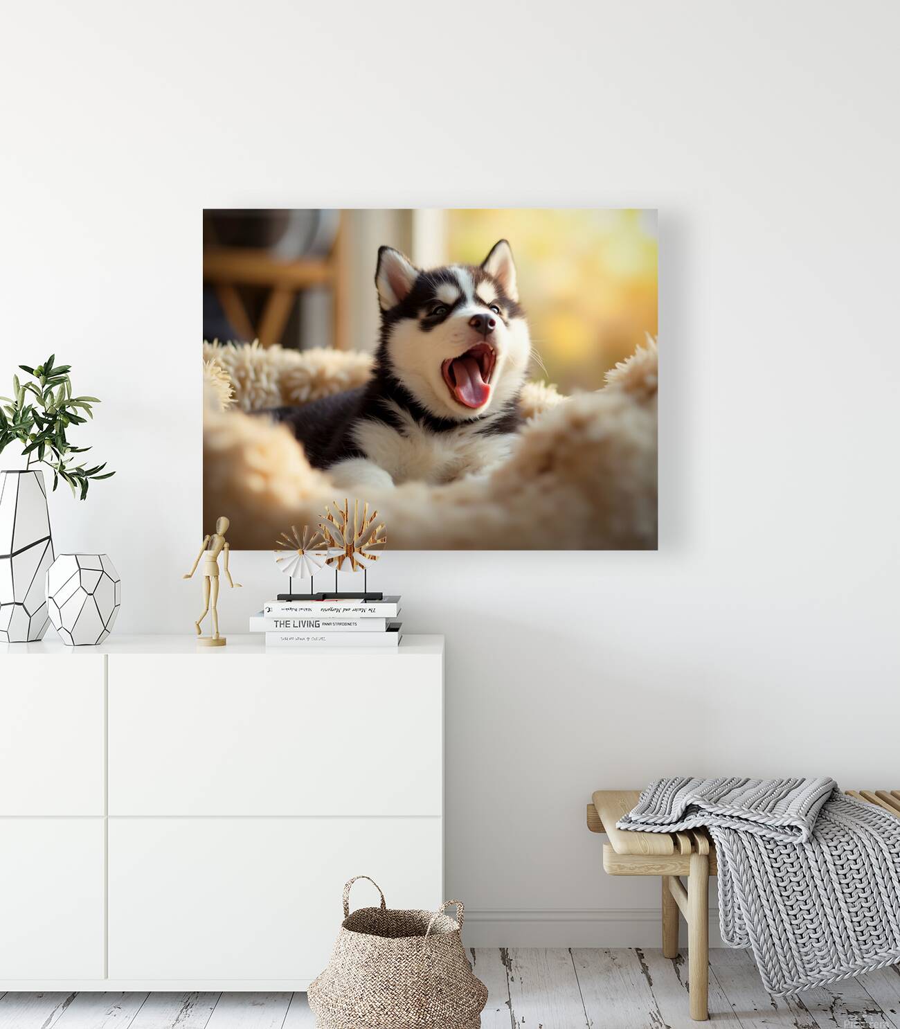 Sleepy Siberian Husky Puppy Dreams In Cozy Bed Reproduction