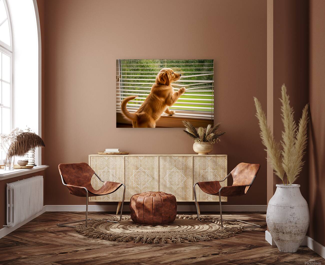 Golden Retriever Puppy Watches Rain Through Window Reproduction