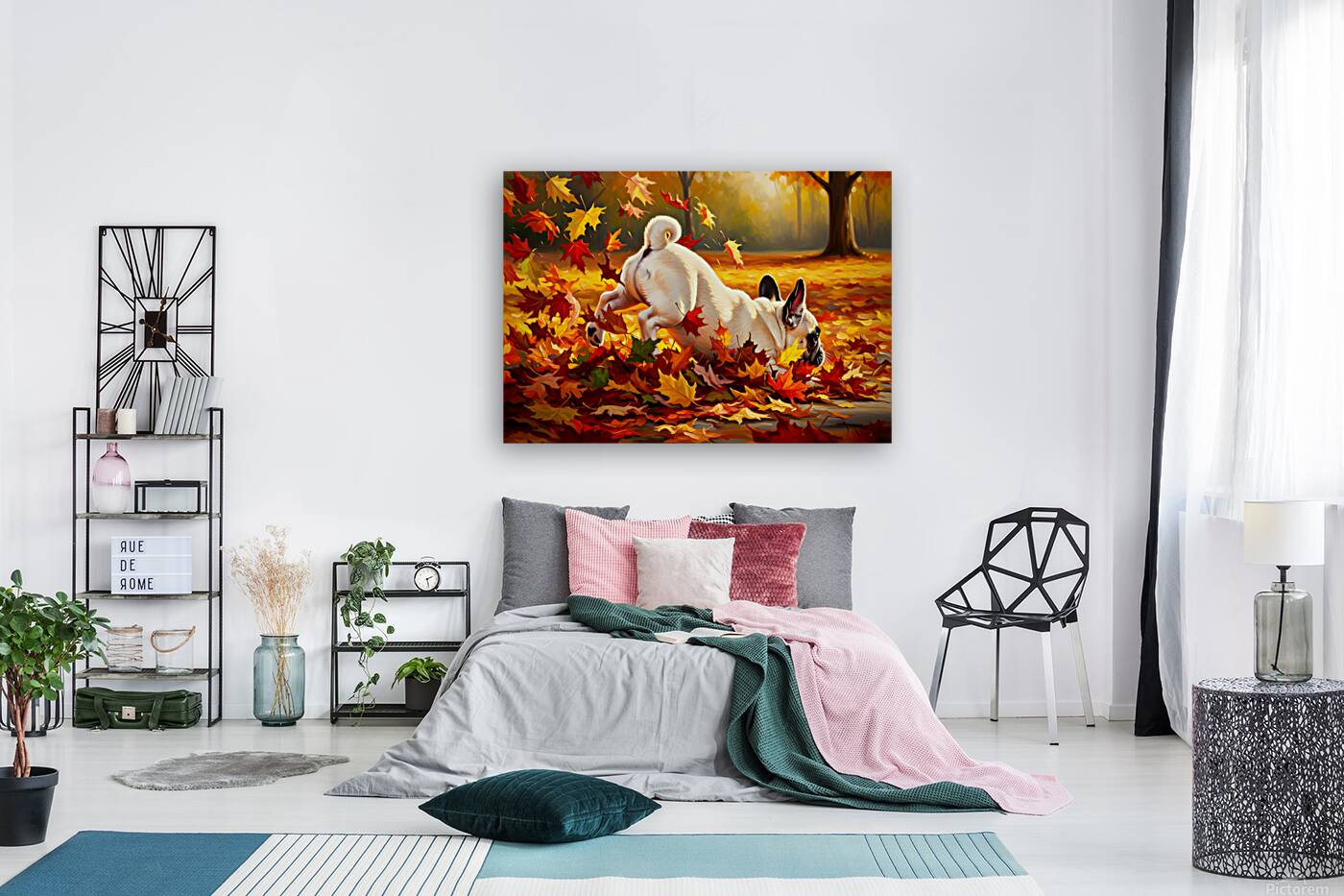 French Bulldog Puppy Discovers Autumn Leaf Pile Reproduction