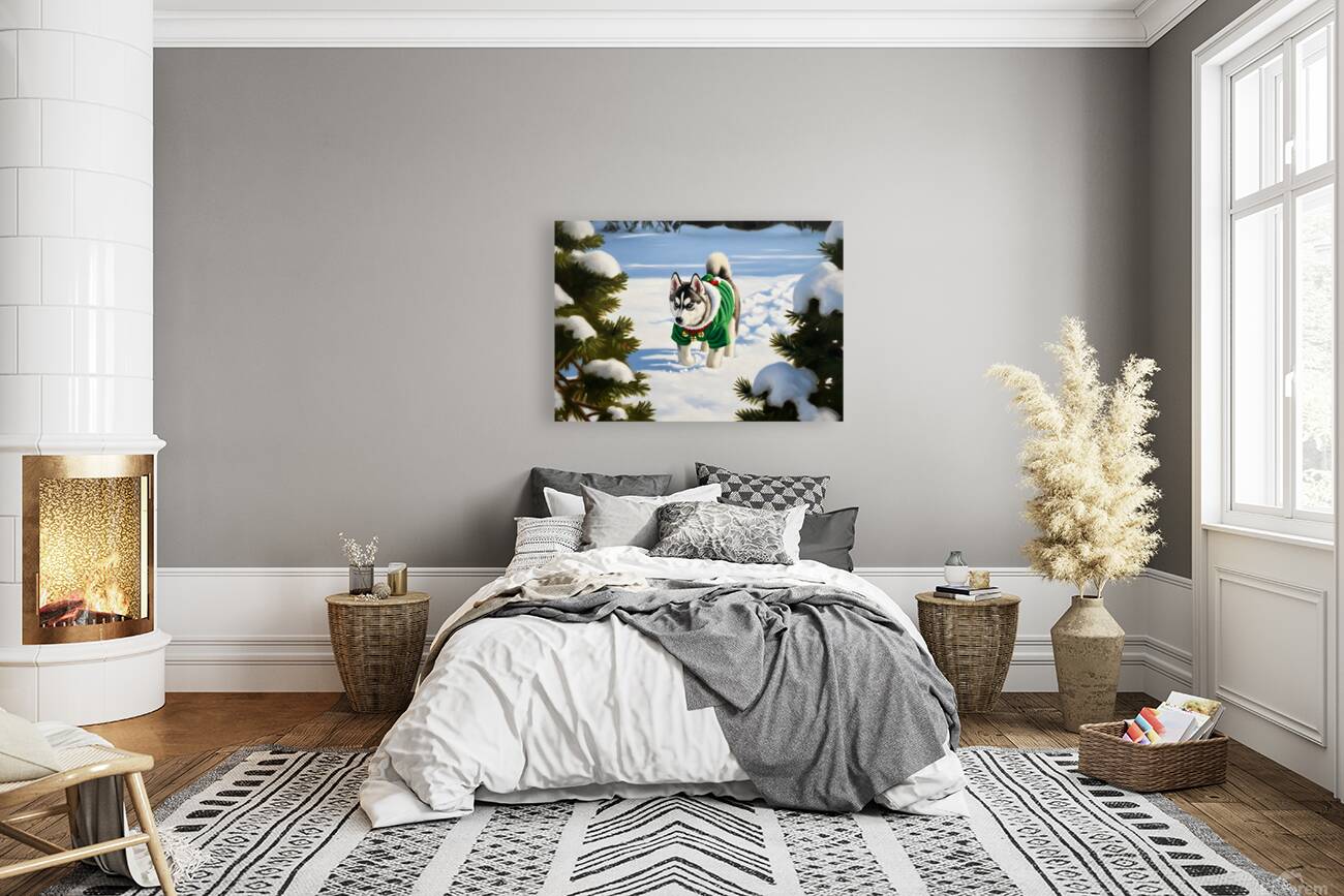 Siberian Husky Puppy In Red Holiday Costume Indoors Reproduction