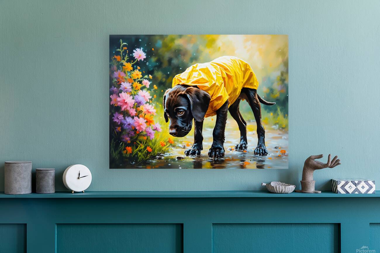 Happy Puppy Rests On Porch After Rainy Walk Reproduction