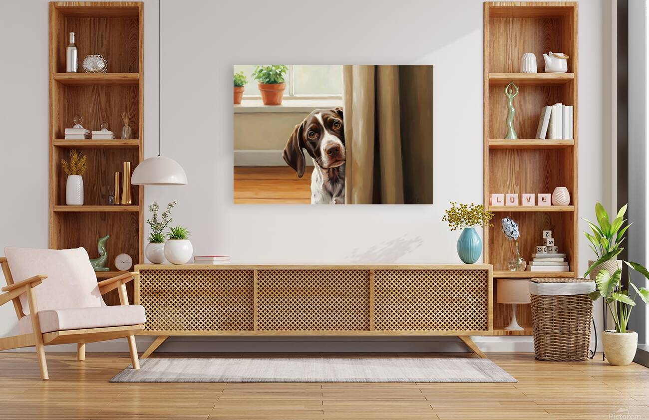 Happy Puppy Emerging From Curtain Hideout Reproduction