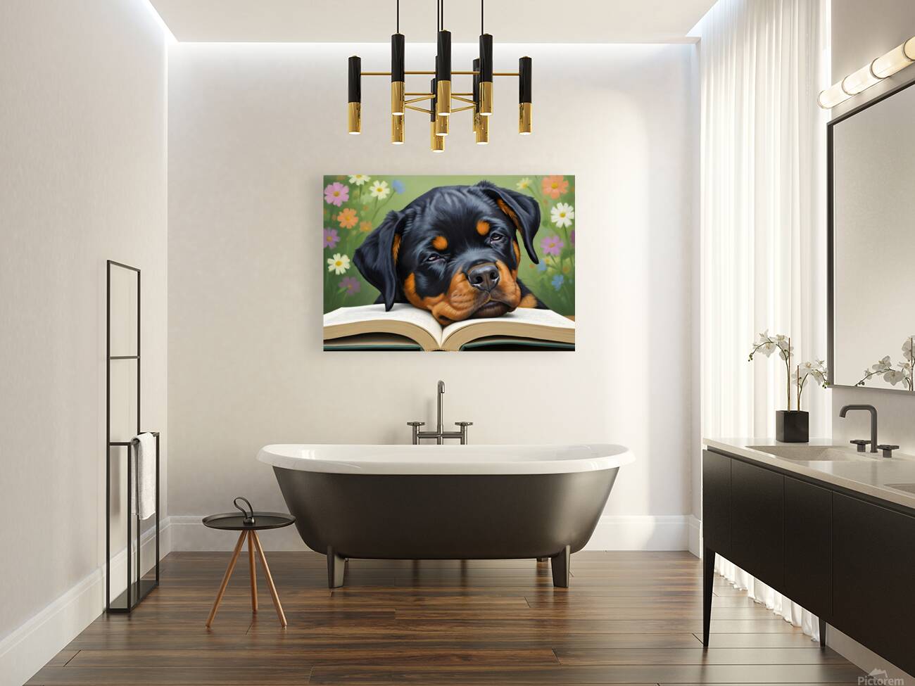 Sleepy Rottweiler Puppy Dreams Over Open Book Reproduction