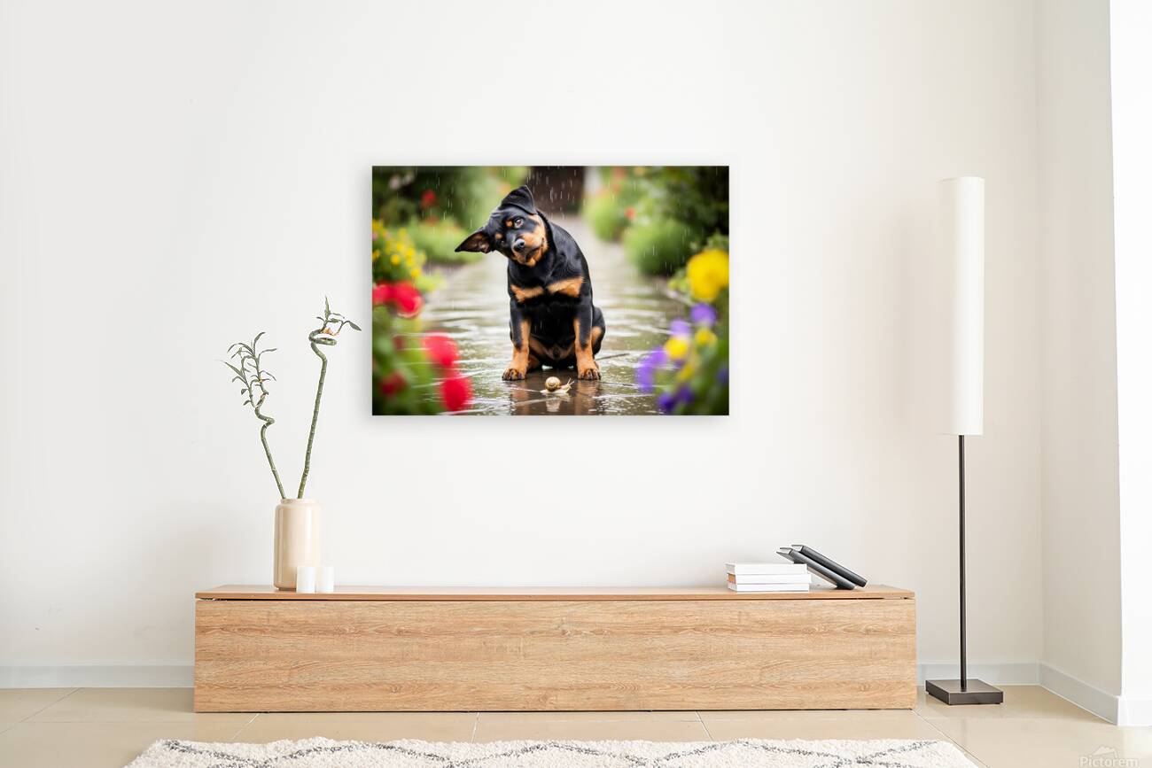 Happy Puppy Walks Away From Peaceful Garden Encounter Reproduction