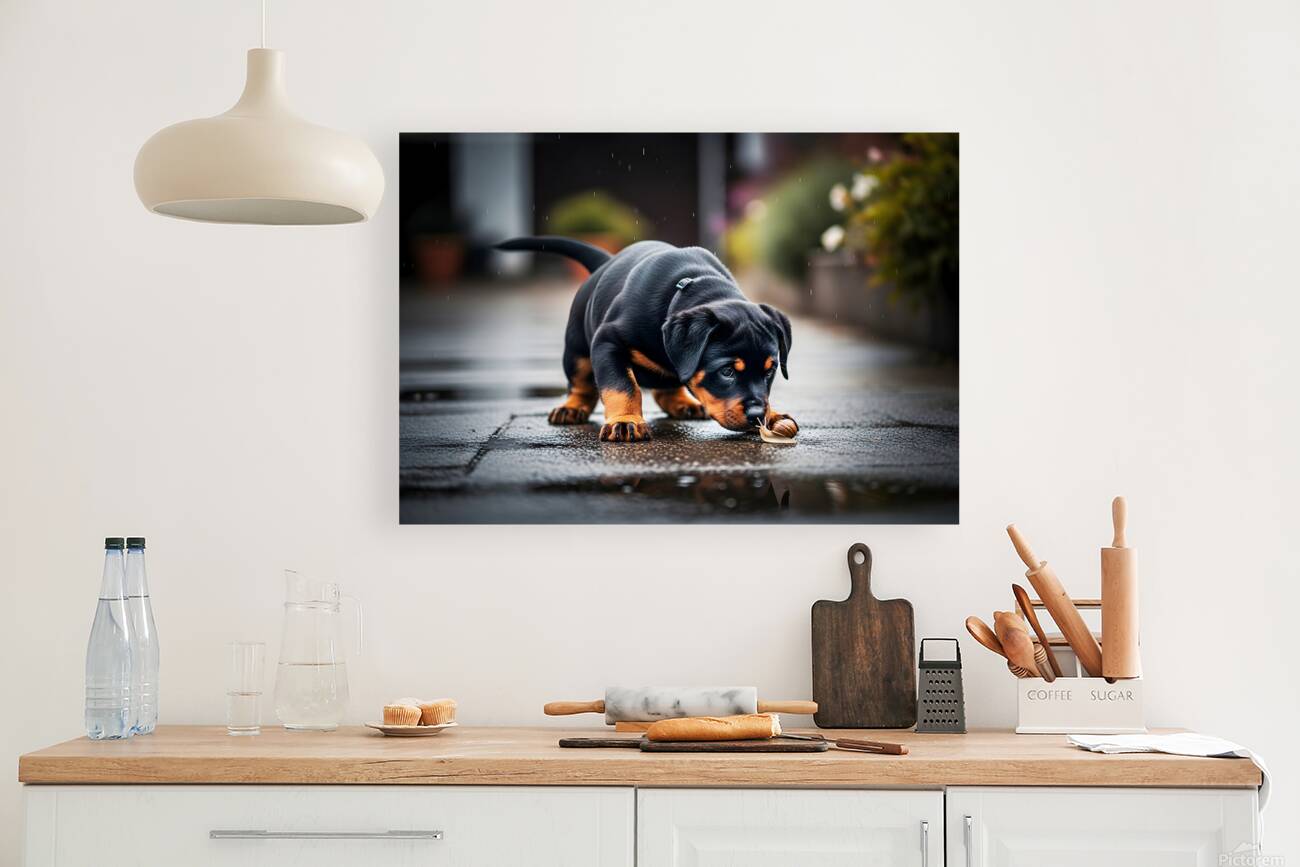 Rottweiler Puppy Discovers Garden Snail On Rainy Day Reproduction