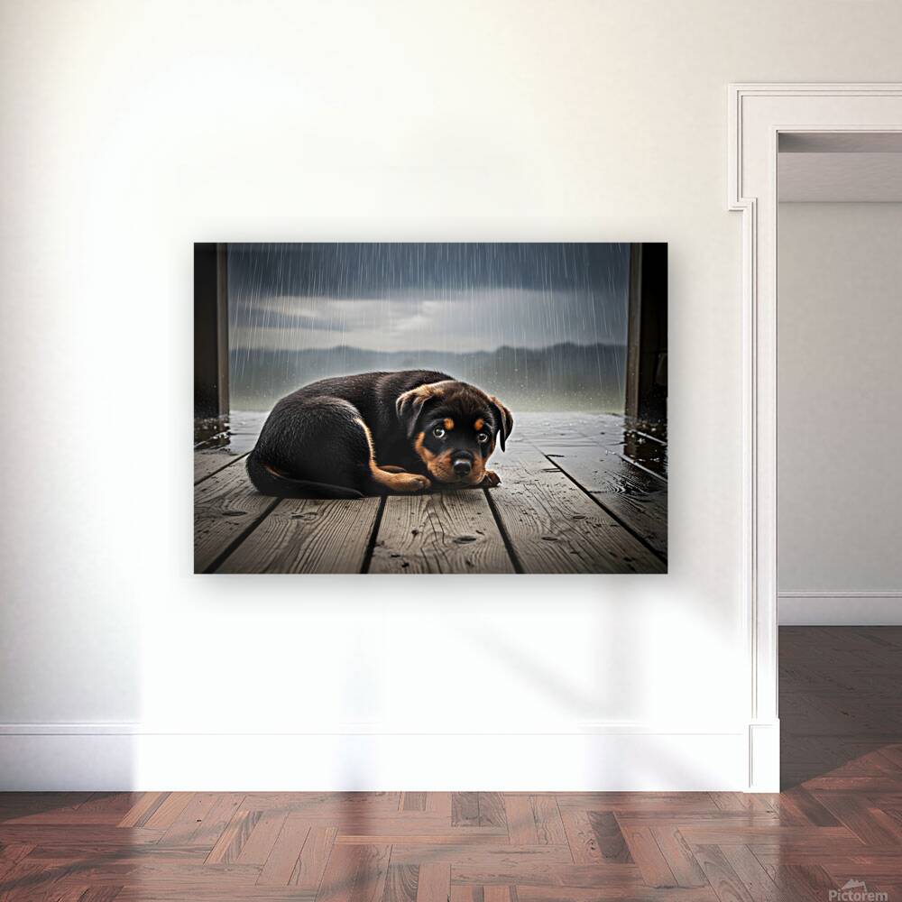 Rottweiler Puppy Seeks Shelter From Heavy Rain Reproduction