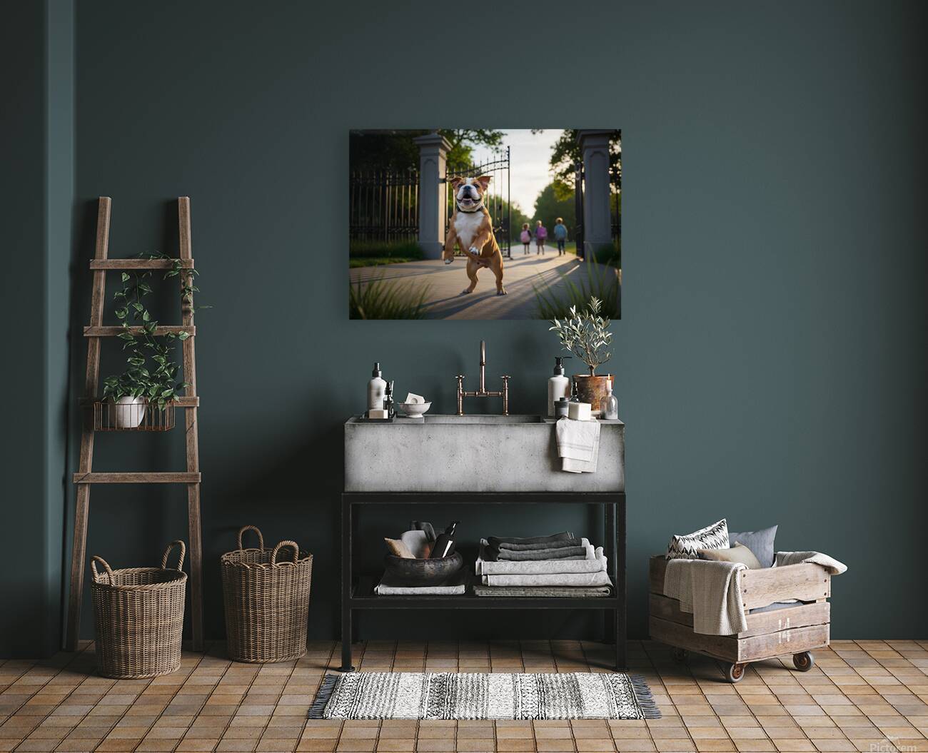 Bulldog Puppy Jumps With Joy At School Gate Reproduction