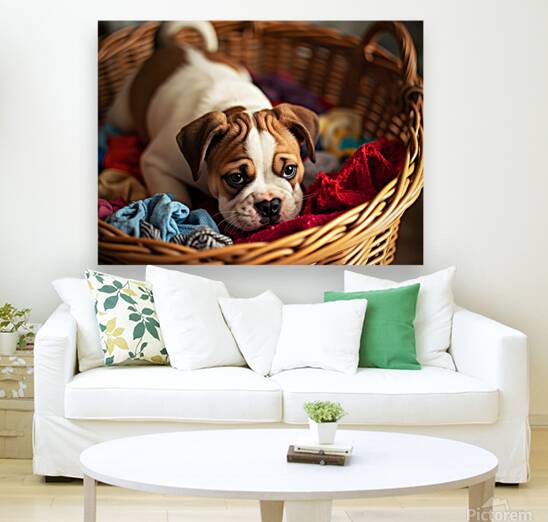 Bulldog Puppy Discovers The Laundry Basket Reproduction