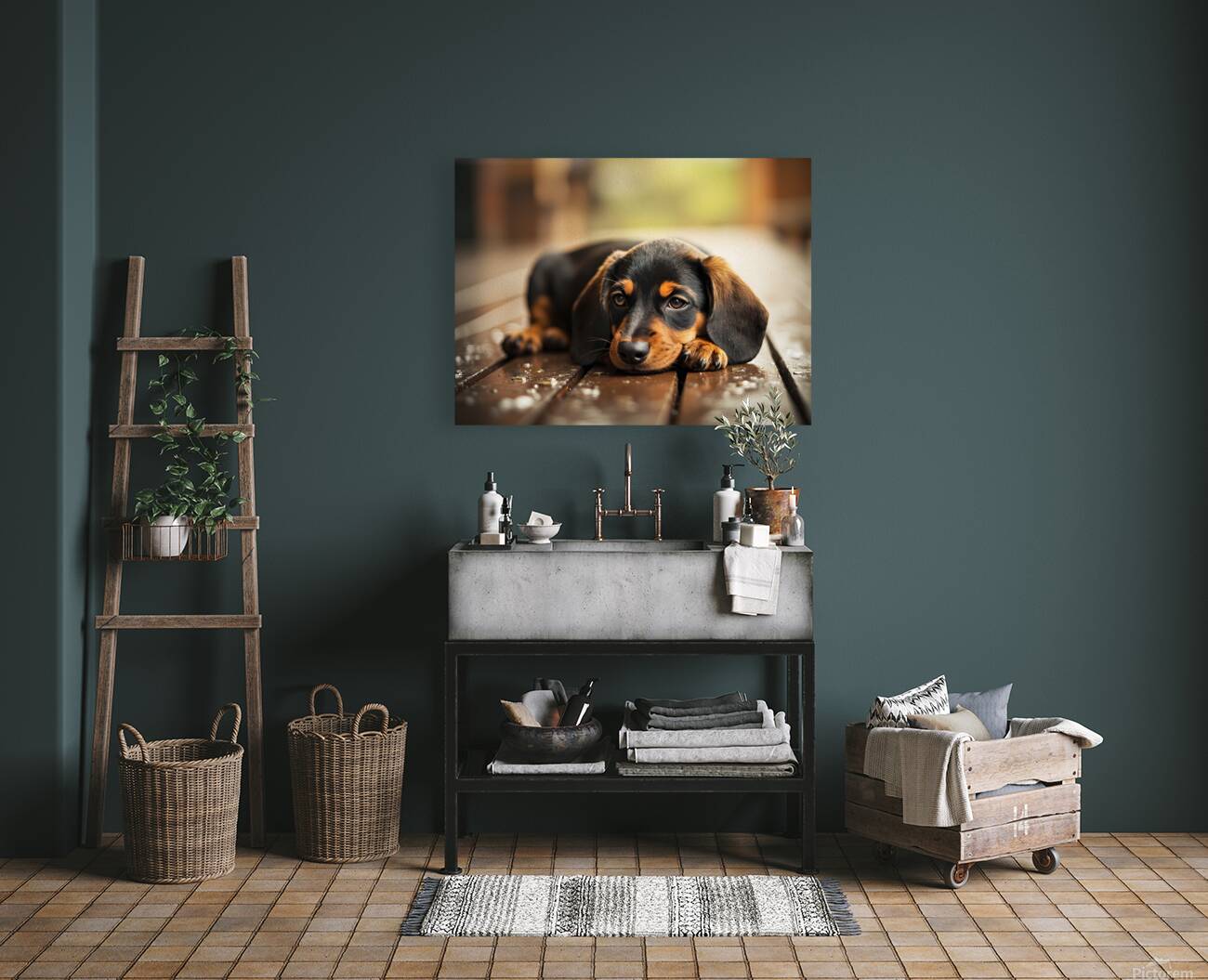 Happy Dachshund Puppy As Storm Clears With Rainbow Reproduction