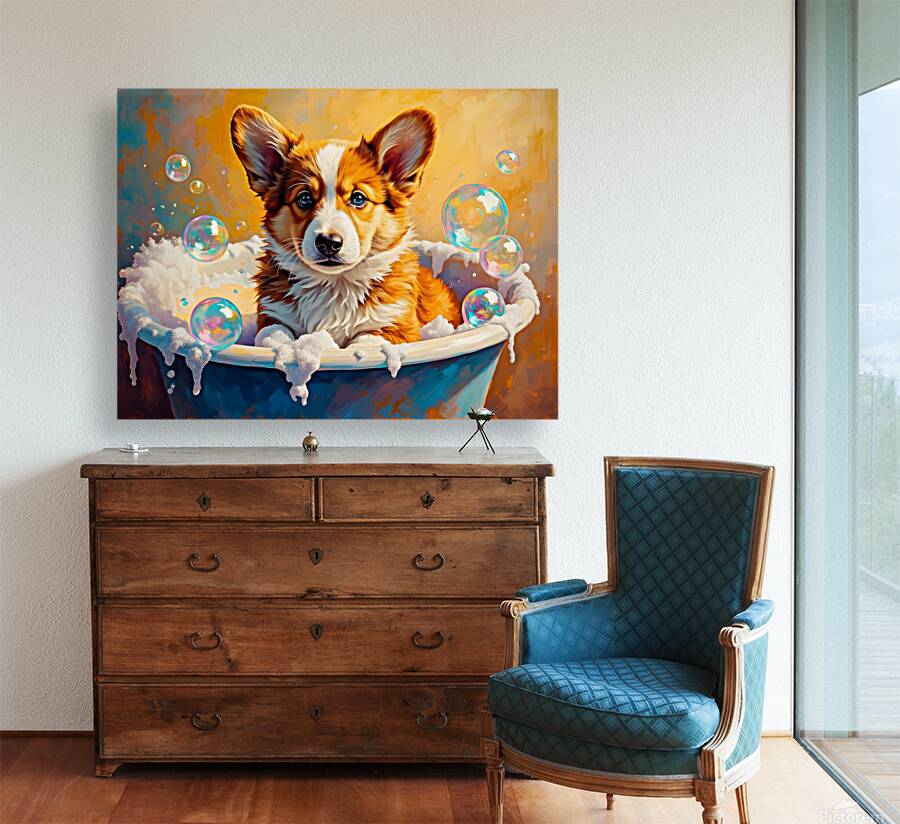 Happy Corgi Puppy Enjoys Bath Time Fun Reproduction