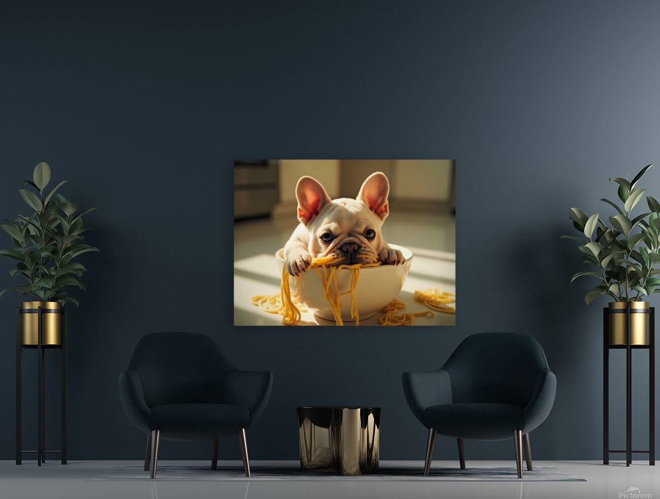 French Bulldog Puppy Discovers Spaghetti Bowl Reproduction