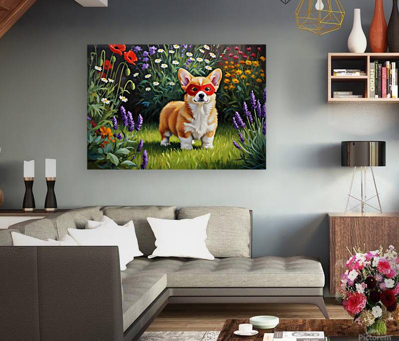 Corgi Puppy Discovers Superhero Mask In Bedroom Reproduction