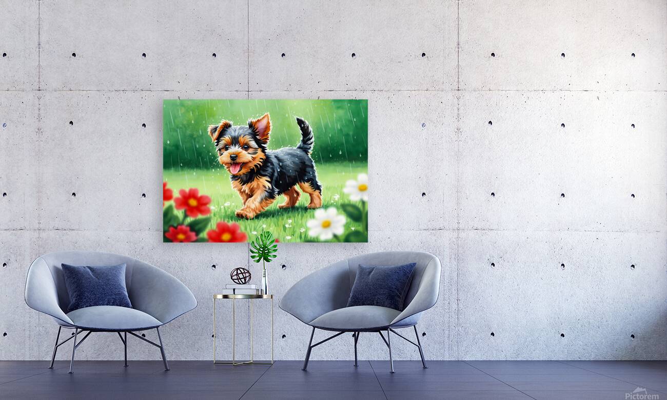 Content Yorkshire Terrier Puppy Rests After Raindrop Adventure Reproduction