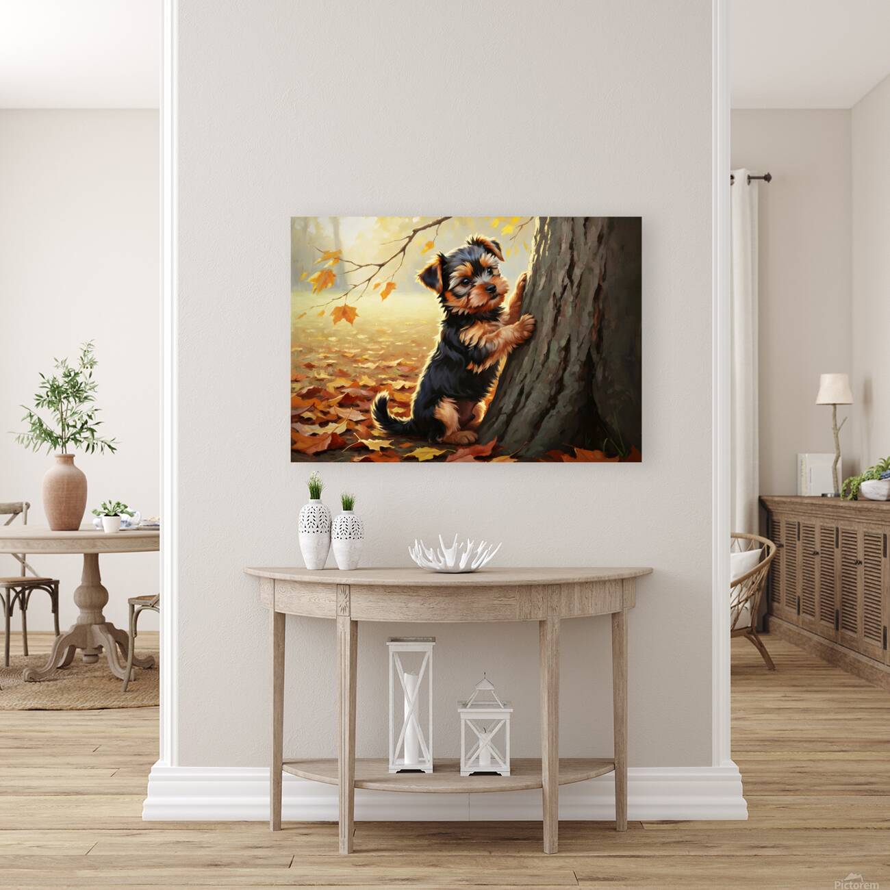 Yorkshire Terrier Puppy Spots Squirrel At Tree Base Reproduction