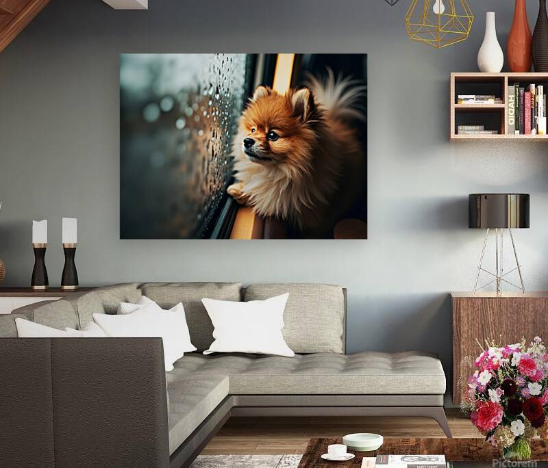 Pomeranian Puppy Watches First Raindrops Fall Reproduction