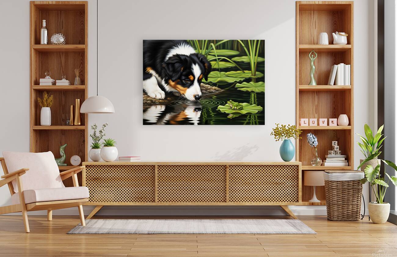 Australian Shepherd Puppy Discovers A Quiet Pond Reproduction