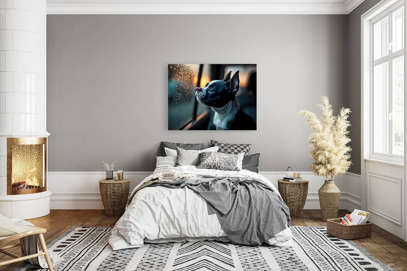 Boston Terrier Puppy Watches Rain From Car Window Reproduction