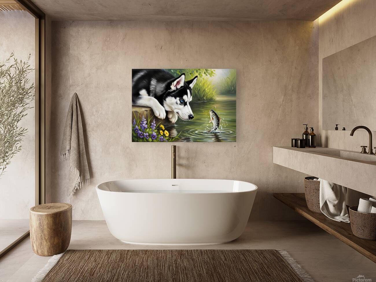 Curious Husky Puppy Discovers Garden Pond Reproduction