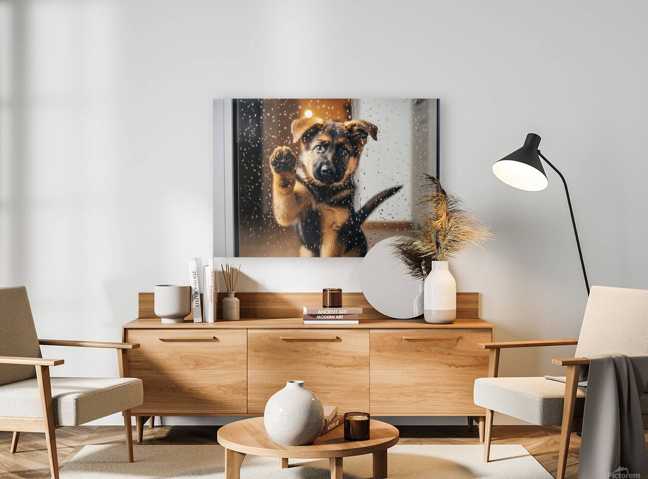 Confused German Shepherd Puppy Tilts Head At Glass Door Reproduction