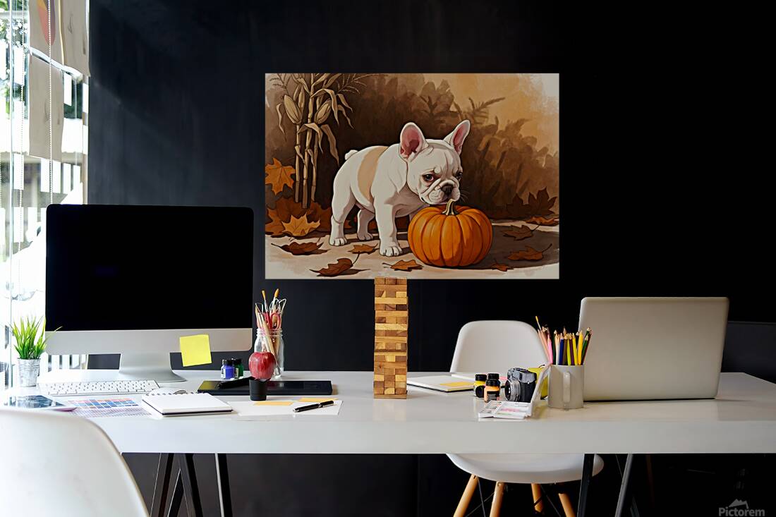 French Bulldog Puppy Discovers Autumn Pumpkin Patch Reproduction