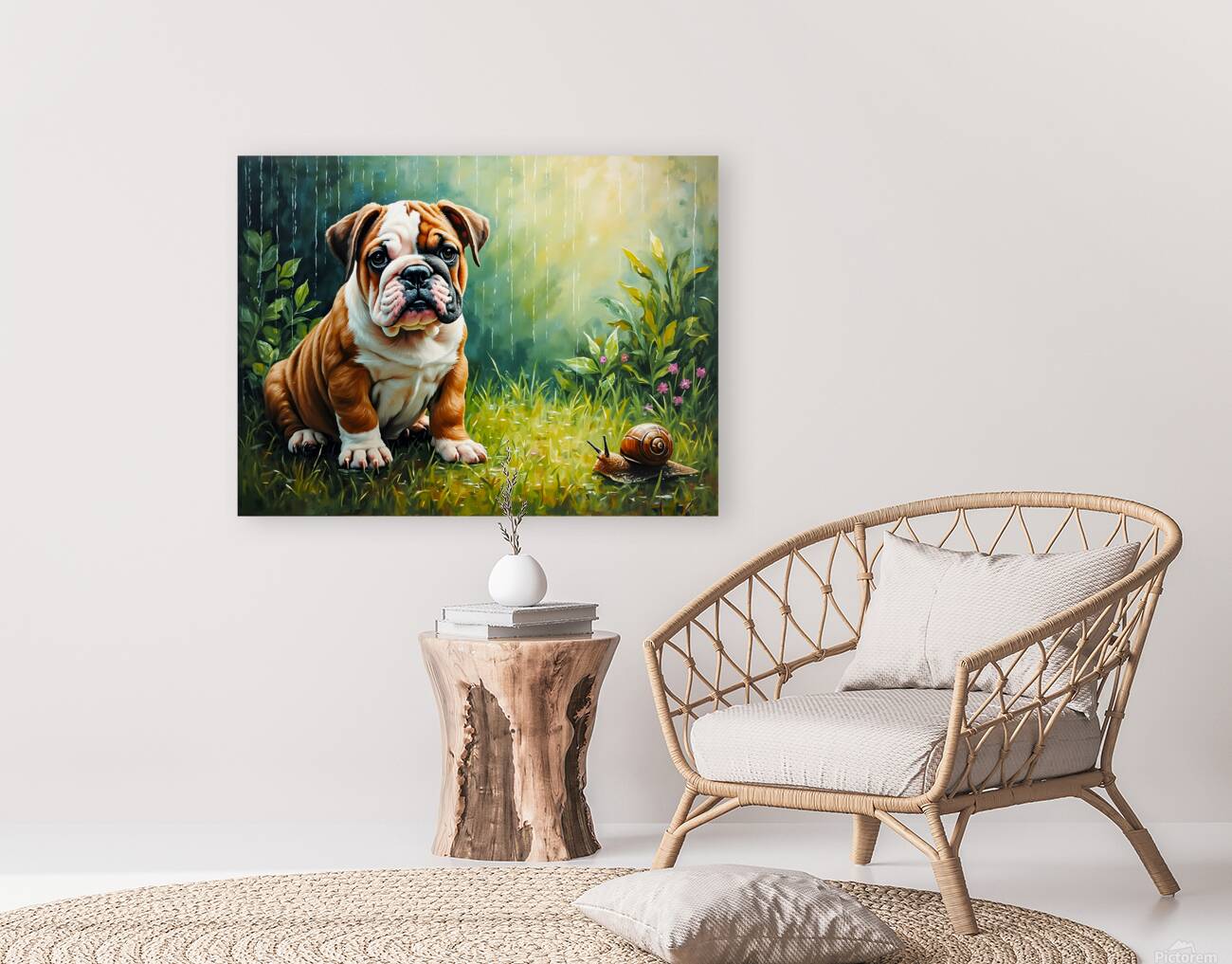 Bulldog Puppy Discovers Garden Snail On Rainy Day Reproduction