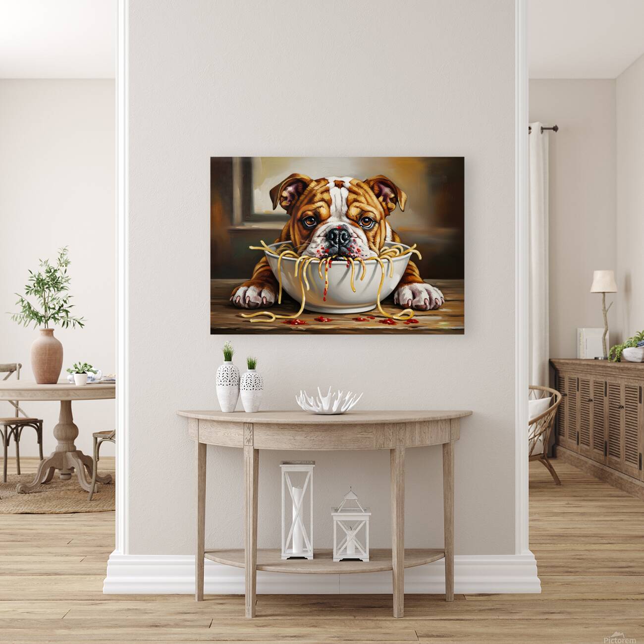 Bulldog Puppy Discovers Spaghetti Dinner Reproduction