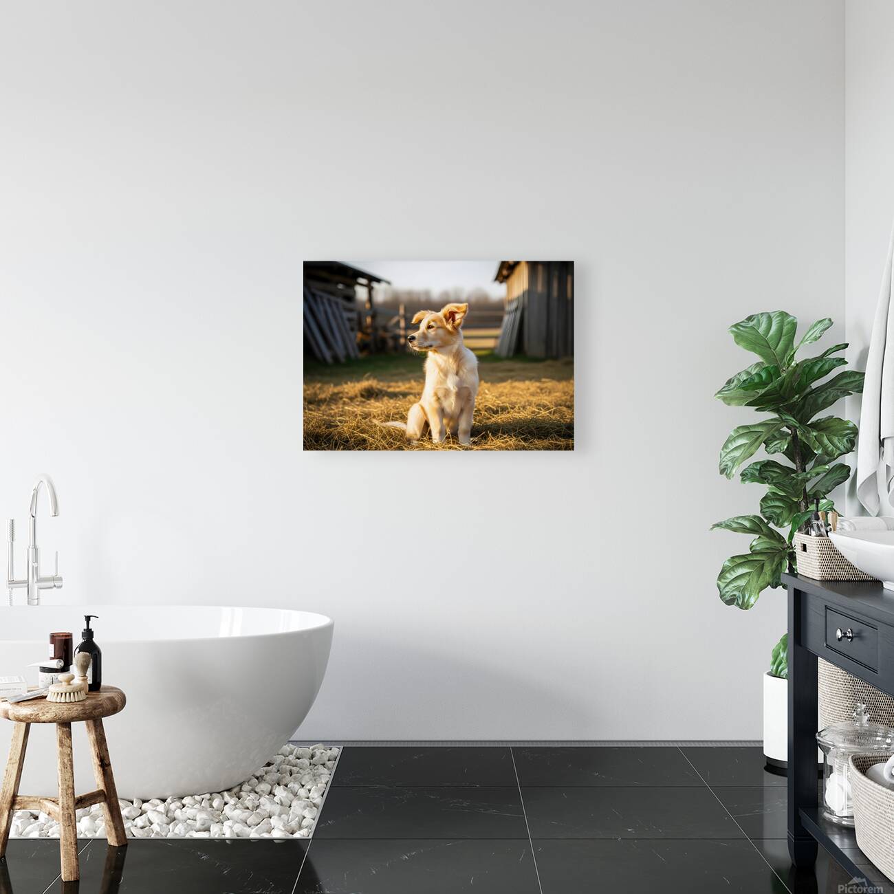 Sleepy Golden Retriever Puppy Rests In Cozy Haystack Reproduction