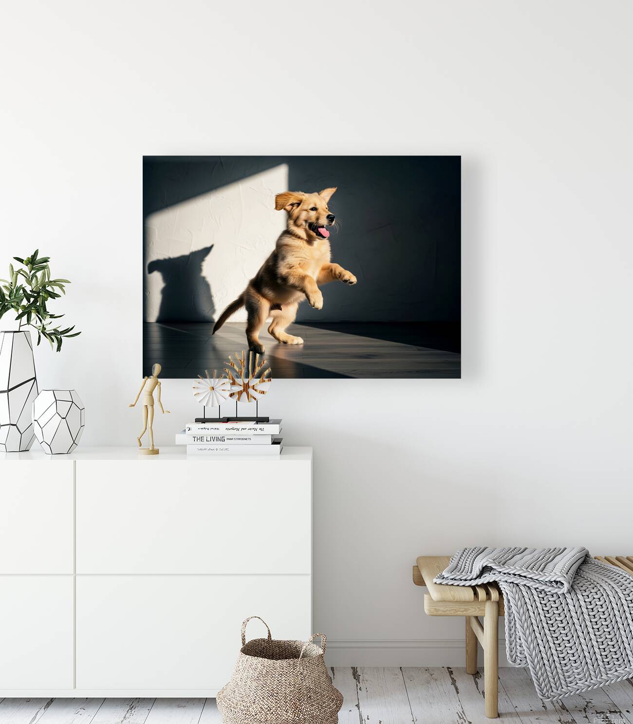 Golden Retriever Puppy Discovers Dancing Wall Shadows Reproduction