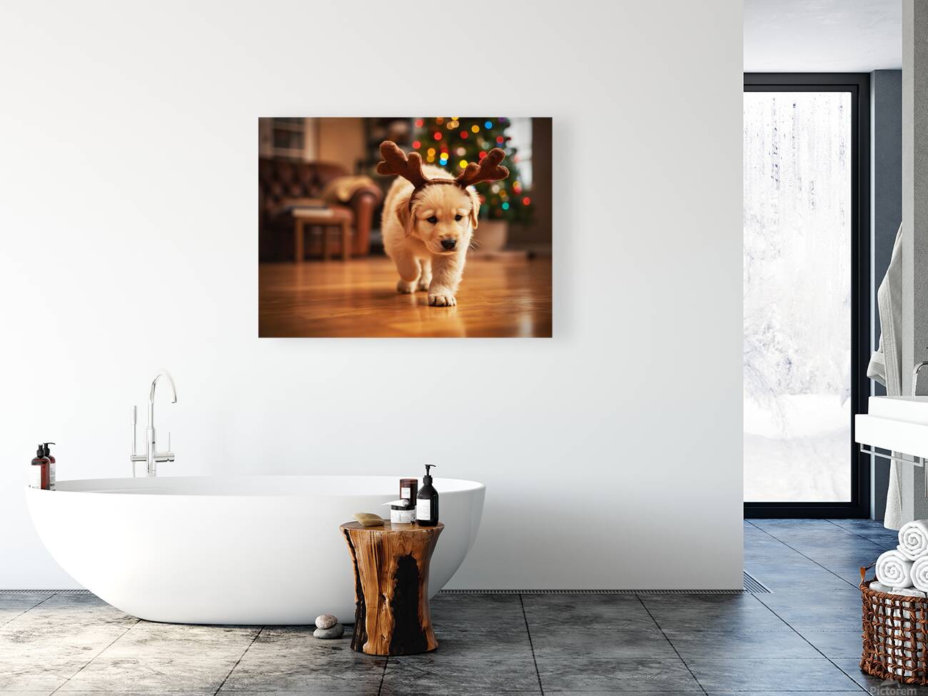 Confused Labrador Puppy With Reindeer Antlers Indoors Reproduction