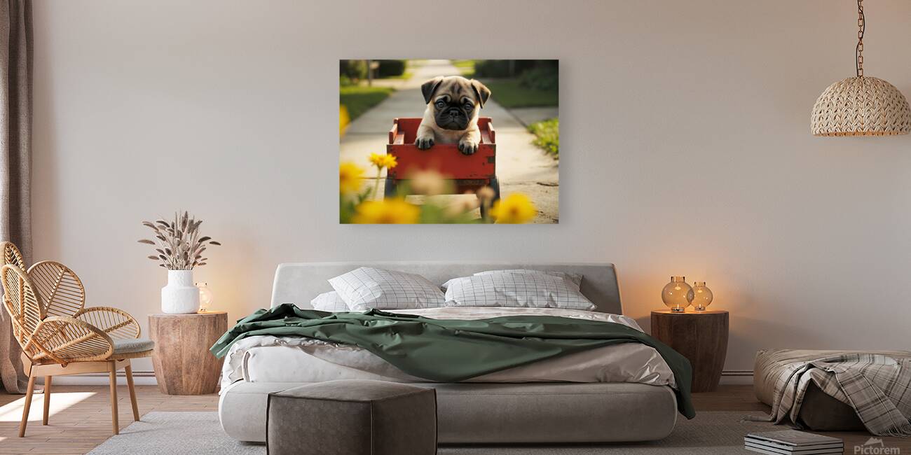 Sleepy Pug Puppy Rests After Wagon Adventure Reproduction