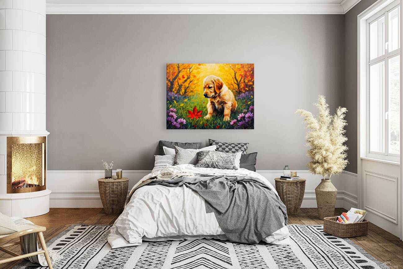 Happy Golden Retriever Puppy Decorated With Leaves Reproduction