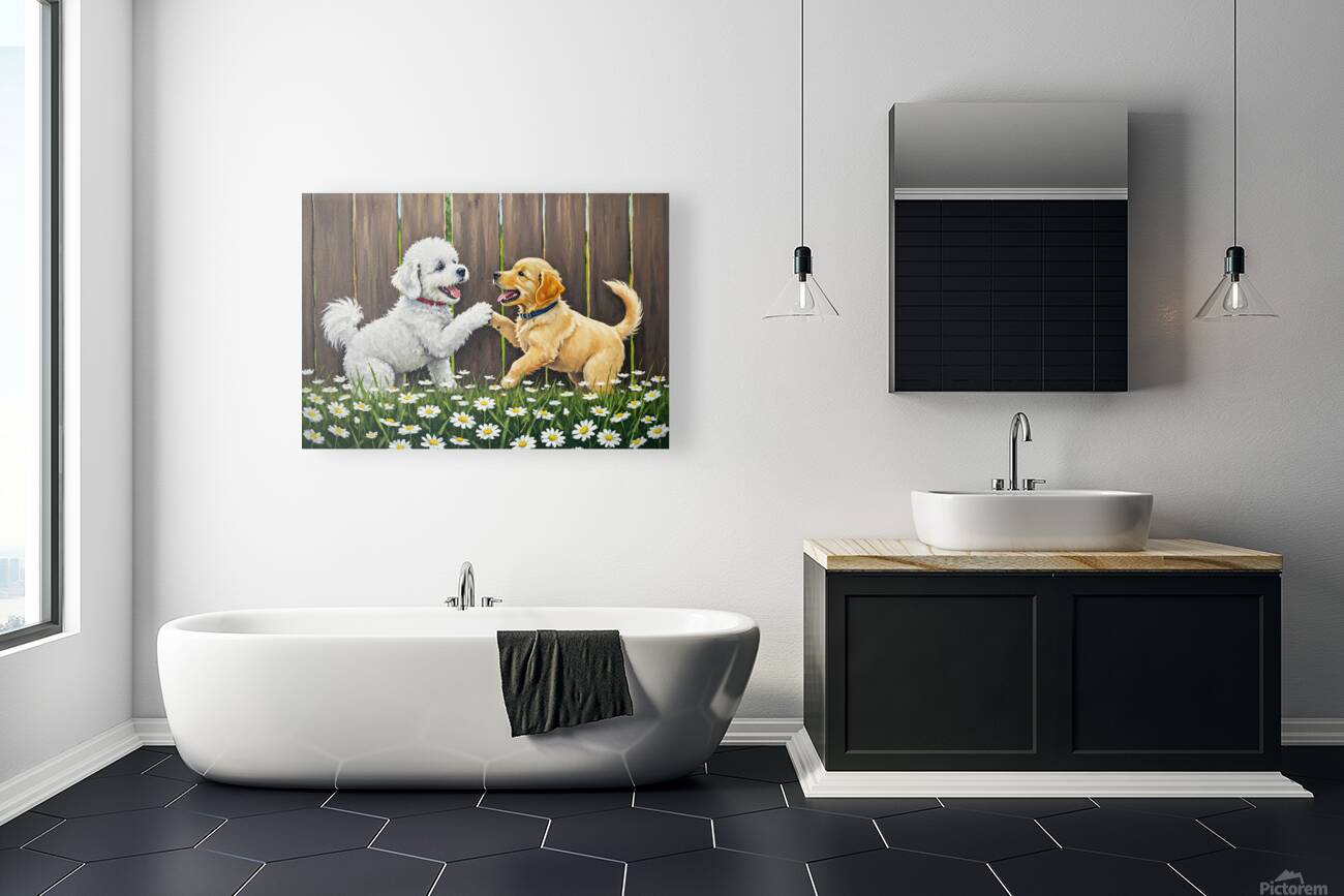 Happy Bichon Frise Puppy Plays With Fence Friend Reproduction