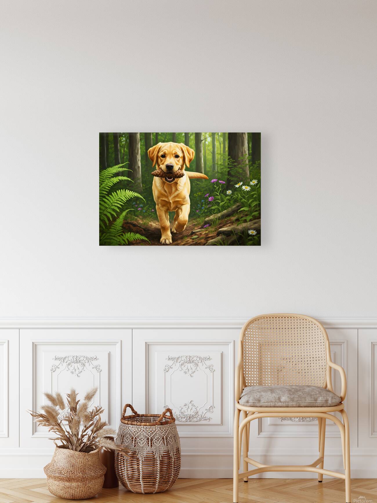 Happy Puppy Rests With Pinecone In Forest Shade Reproduction