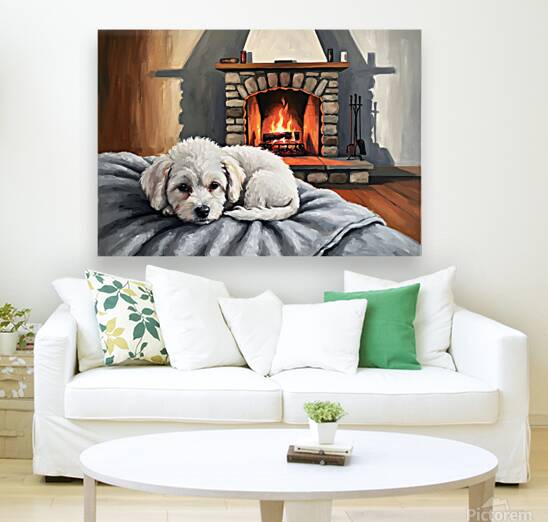 Bichon Frise Puppy Dreams By The Fireplace Reproduction