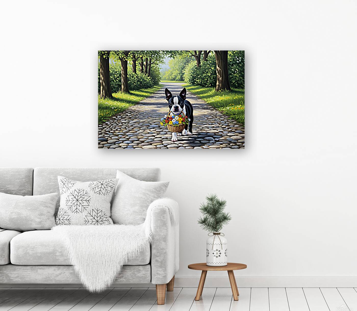 Boston Terrier Puppy With Flower Basket In Garden Reproduction