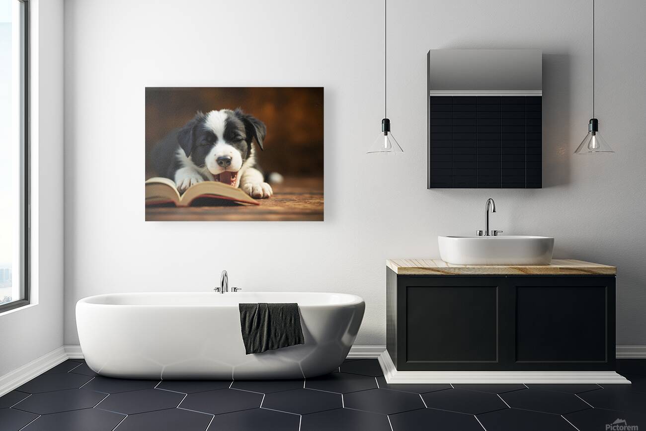 Sleepy Border Collie Puppy Naps On Open Book Reproduction