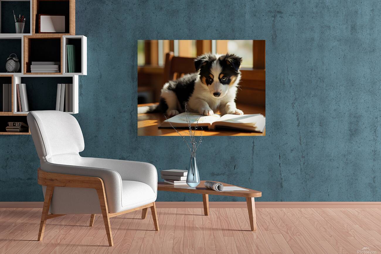 Playful Border Collie Puppy Interacts With Book Pages Reproduction