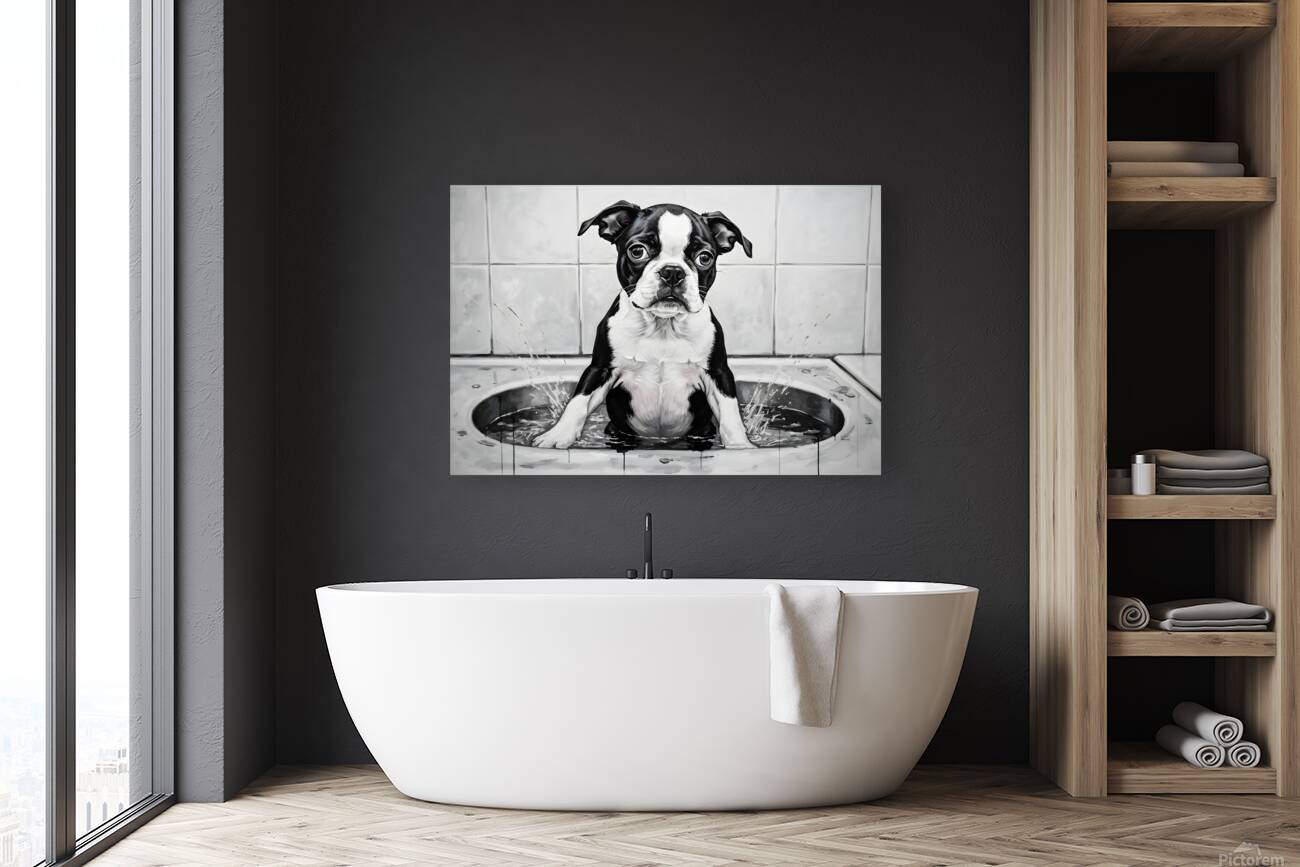 Happy Boston Terrier Puppy Enjoys Sudsy Bath Time Reproduction