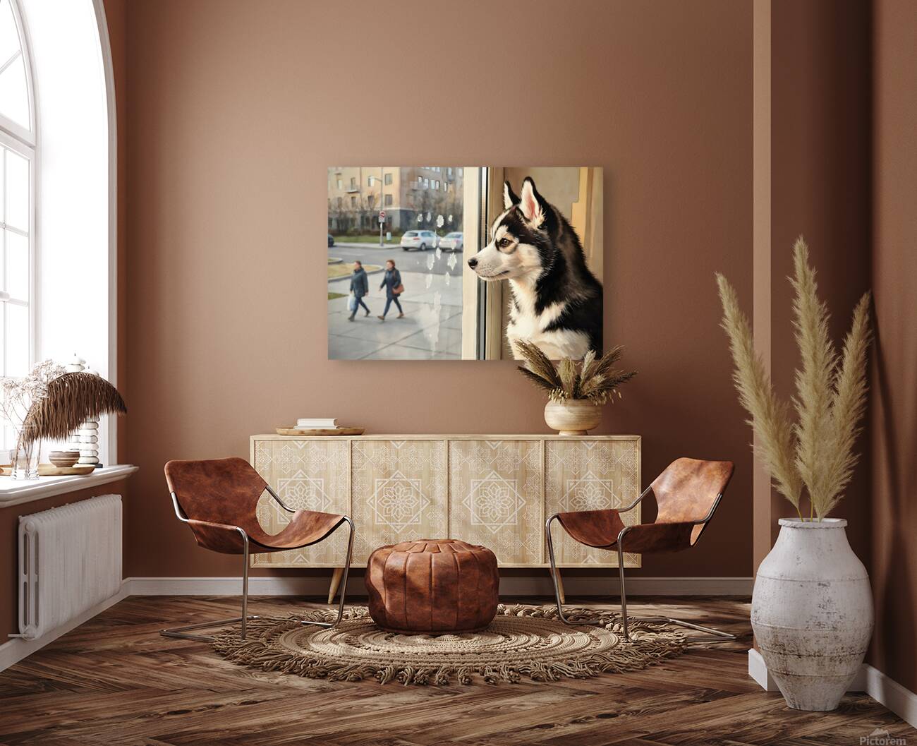 Husky Puppy Discovers City Life From Window Perch Reproduction