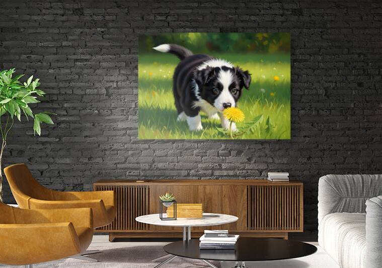 Border Collie Puppy Discovers Yellow Dandelion by Puppy Prints