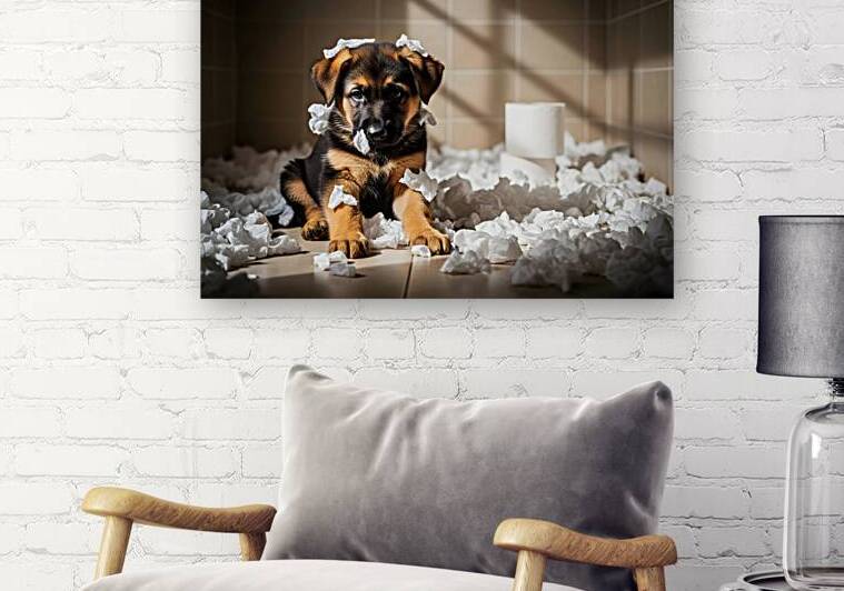 German Shepherd Puppy Sits Among Paper Destruction by Puppy Prints