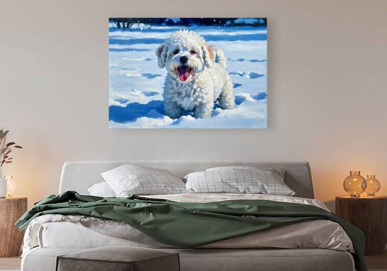 Happy Bichon Frise Puppy Rests After Snow Play by Puppy Prints