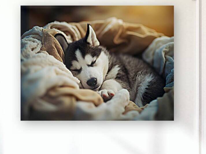 Sleepy Husky Puppy Naps In Laundry Nest by Puppy Prints