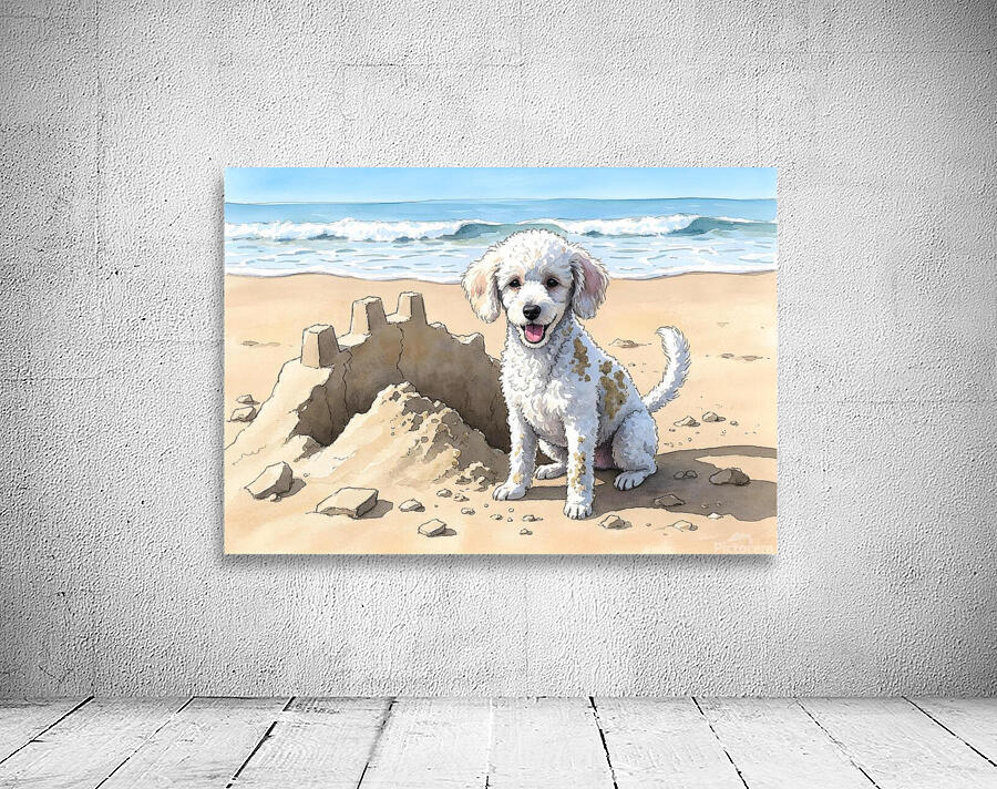 Happy White Poodle Puppy Sits In Destroyed Sand Castle Ruins Wall Preview