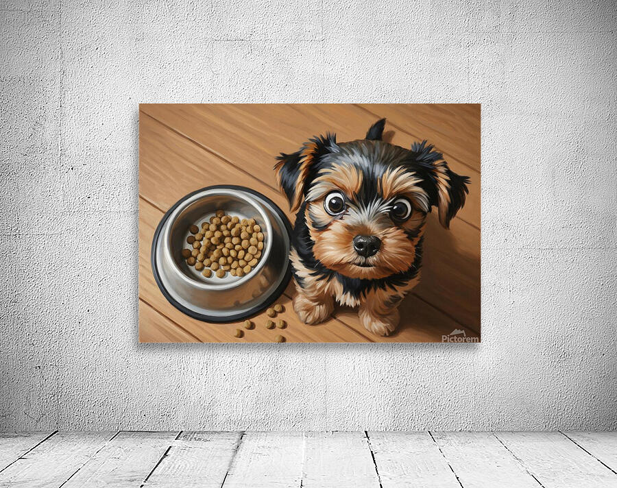 Apologetic Brown Yorkshire Terrier Puppy With Messy Bowl Wall Preview
