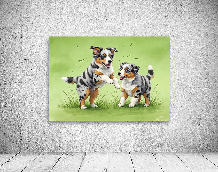 Blue Merle Australian Shepherd Puppies Playing Together Wall Preview