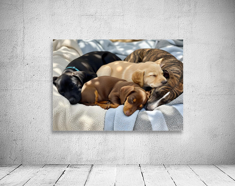 Sleepy Brown Dachshund Puppy Cuddling With Tired Siblings Wall Preview