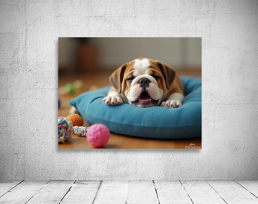 Sleepy Bulldog Puppy Yawns On Blue Cushion Wall Preview