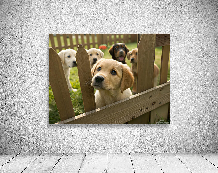 Curious Labrador Retriever Puppy Gazing Through Fence With Friends Wall Preview